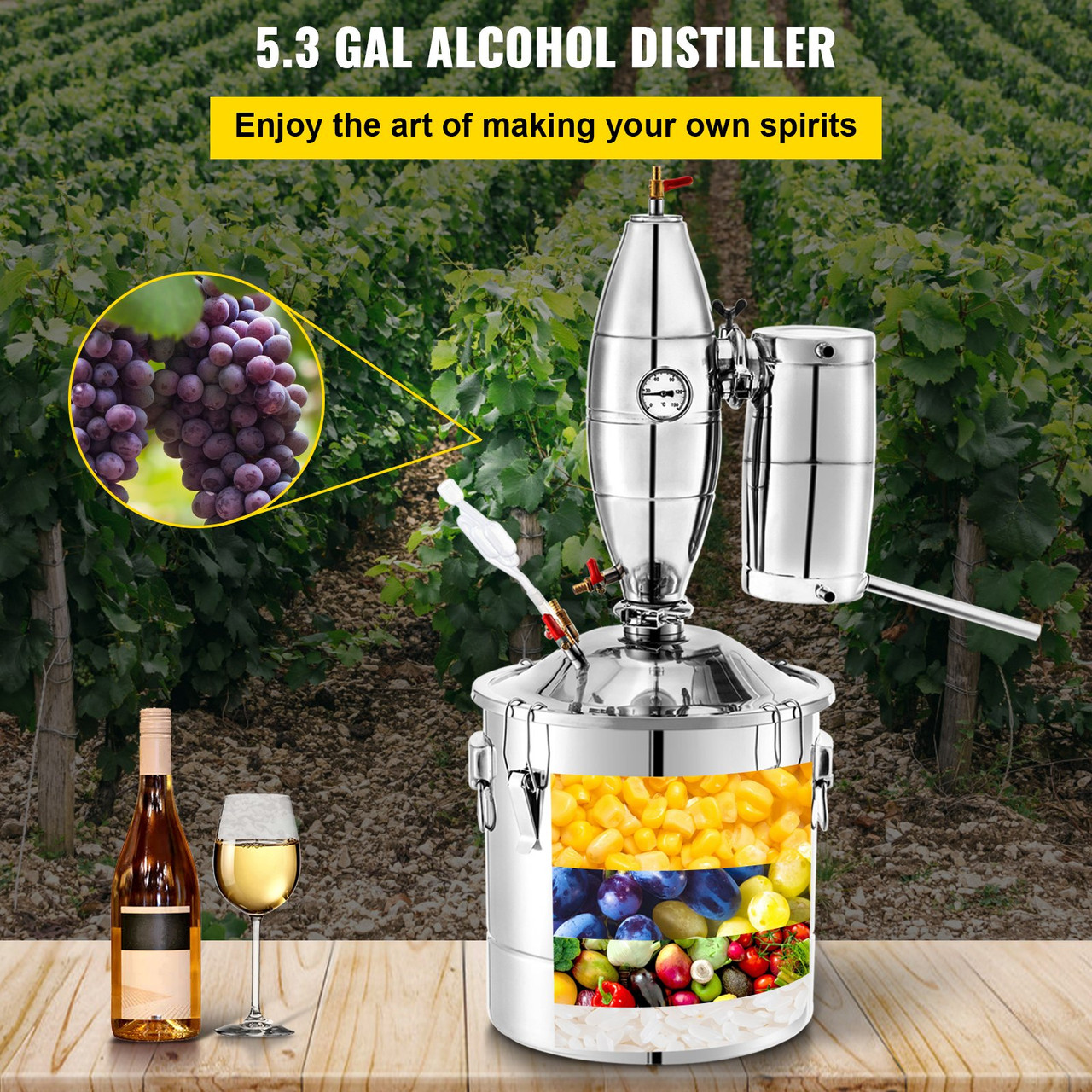 Water Alcohol Distiller, 8 Gal/30 L, 304 Stainless Steel Still w/ 6-Lap  Coil 