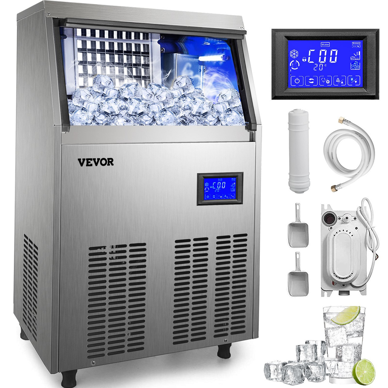 Commercial Ice Maker 132LBS/24H with 44LBS Storage Stainless Steel Commercial Ice Machine 5x8 Ice Tray LCD Control Auto Clean with Water Drain Pump for Bar Home Supermarkets