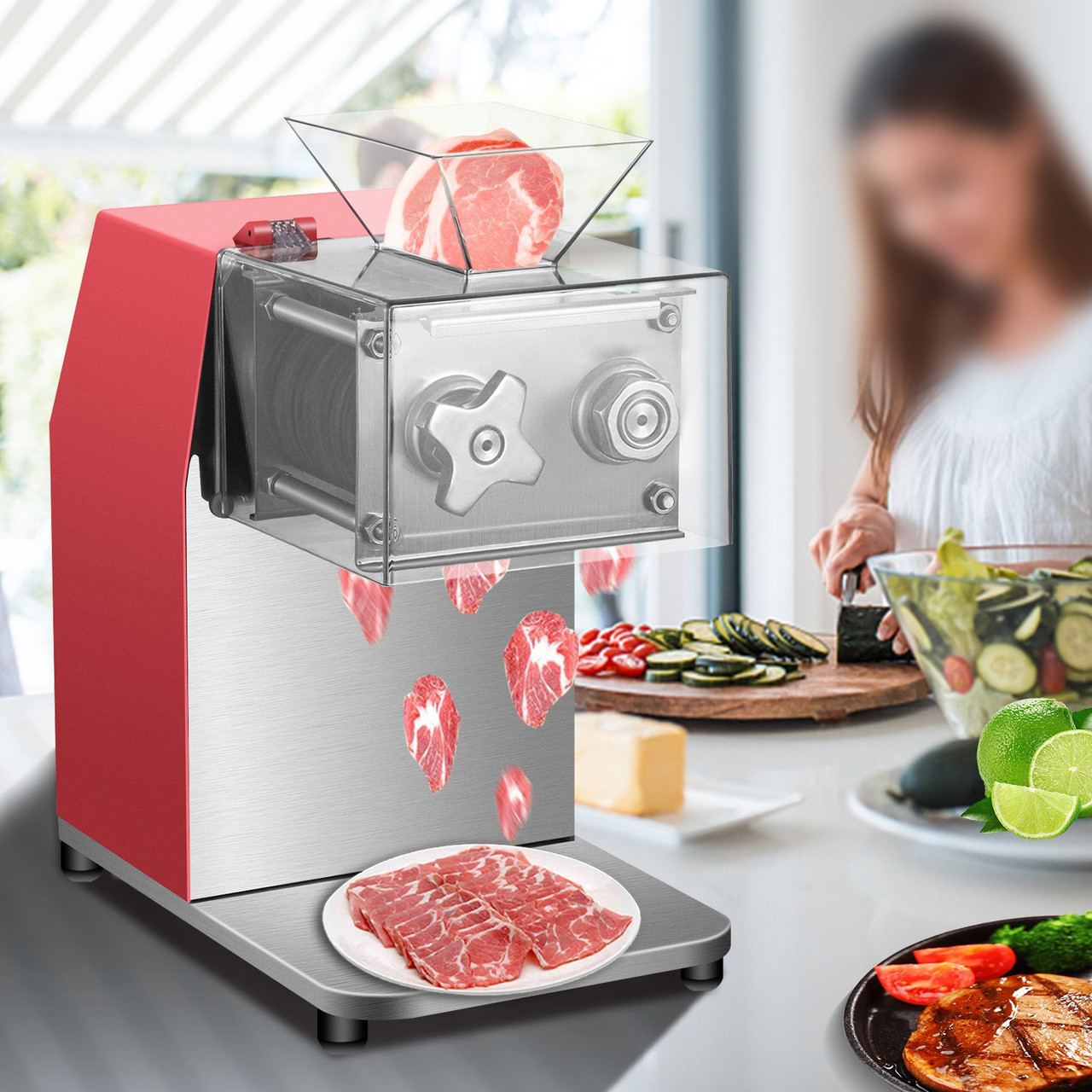 Commercial Meat Cutting Machine, 551 Lbs/H 850W Meat Shredding Machine, 5mm Blade Electric Meat Cutter, Stainless Steel Restaurant Food Cutter, for Kitchen Supermarket Lamb Beef Chicken, Red