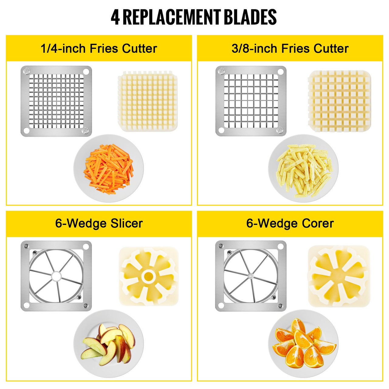 Commercial French Fry Cutter with 4 Replacement Blades, 1/4 and 3/8 Blade  Easy Dicer Chopper, 6-wedge Slicer and 6-wedge Apple Corer, Lemon Potato  Cutter for French Fries with Extended Handle