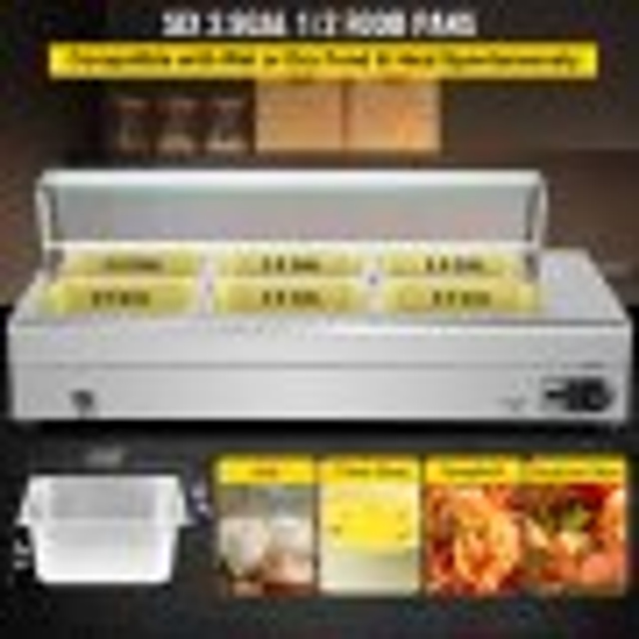 110V Bain Marie Food Warmer 6 Pan x 1/2 GN,Food Grade Stainelss Steel Commercial Food Steam Table 6-Inch Deep, 1500W Electric Countertop Food Warmer 66 Quart with Tempered Glass Shield