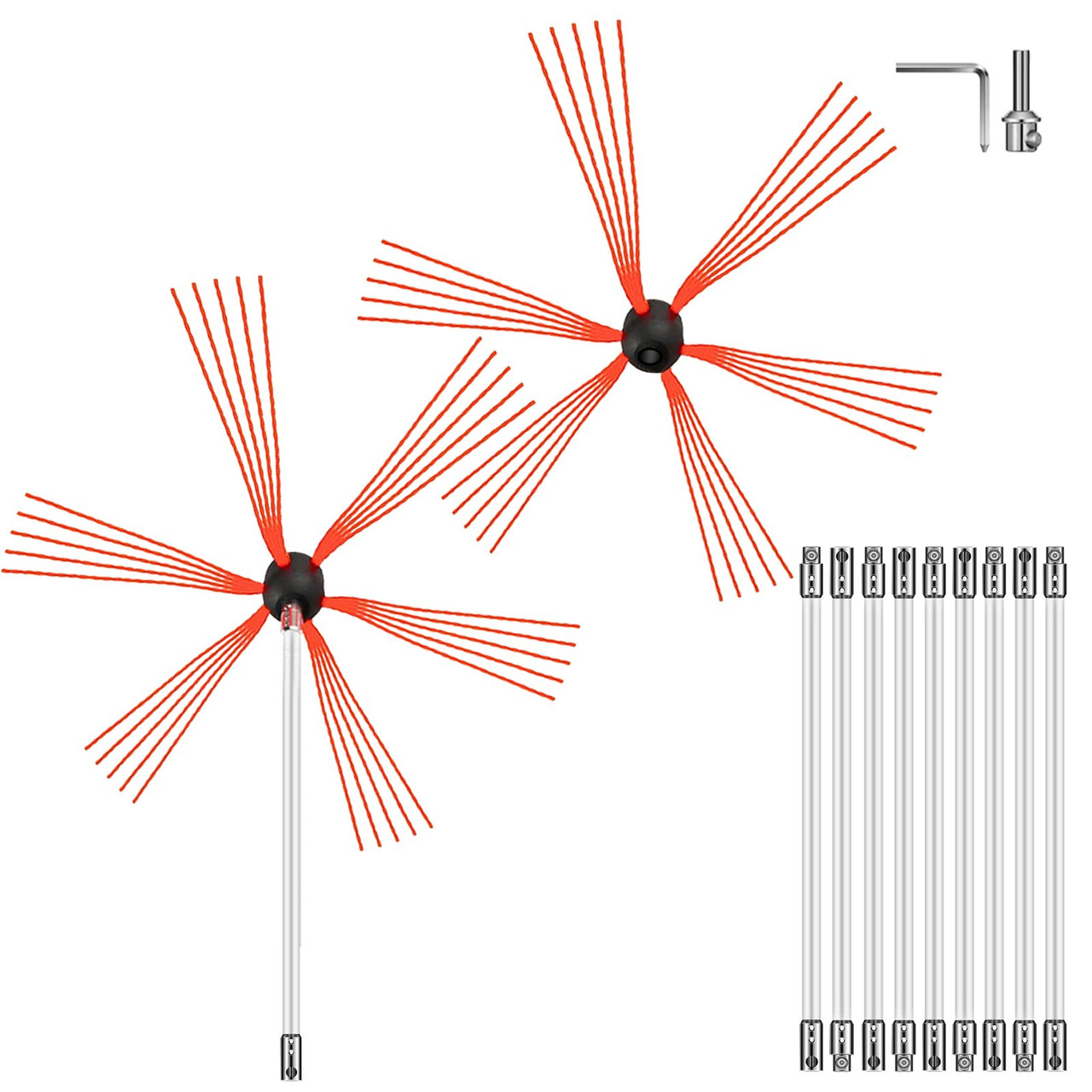 Chimney Sweep Kit 33FT Length, Chimney Brush Kit with 10 Nylon Flexible Rods and 2 Brush Head, Rotary Chimney Cleaning Kit Driven by Drill, Chimney Brush Rod Kit for Cleaning Fireplace