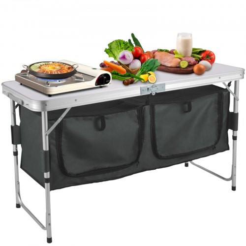 Aluminum Portable Folding Camp Station with Storage Organizer & 4 Adjustable Feet Quick Installation for Outdoor Picnic Beach Party Cooking, Gray