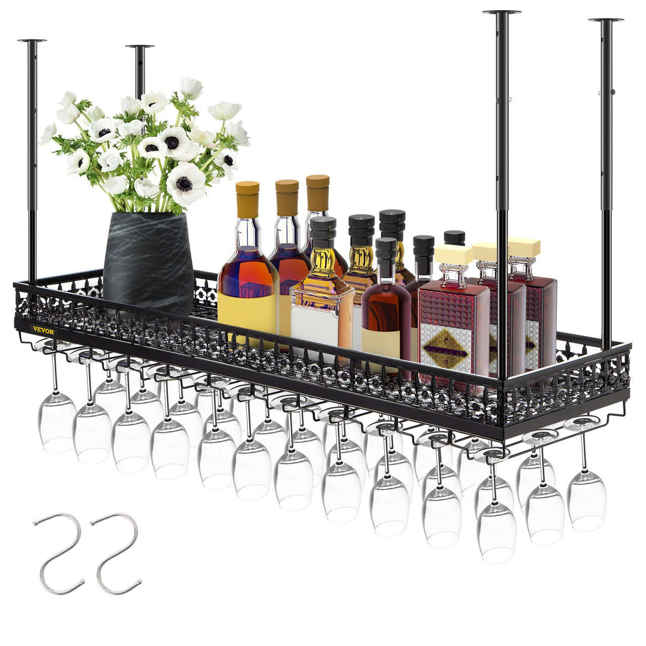 Ceiling Wine Glass Rack, 46.9 x 13 inch Hanging Wine Glass Rack, 18.9-35.8 inch Height Adjustable Hanging Wine Rack Cabinet, Black Wall-Mounted Wine