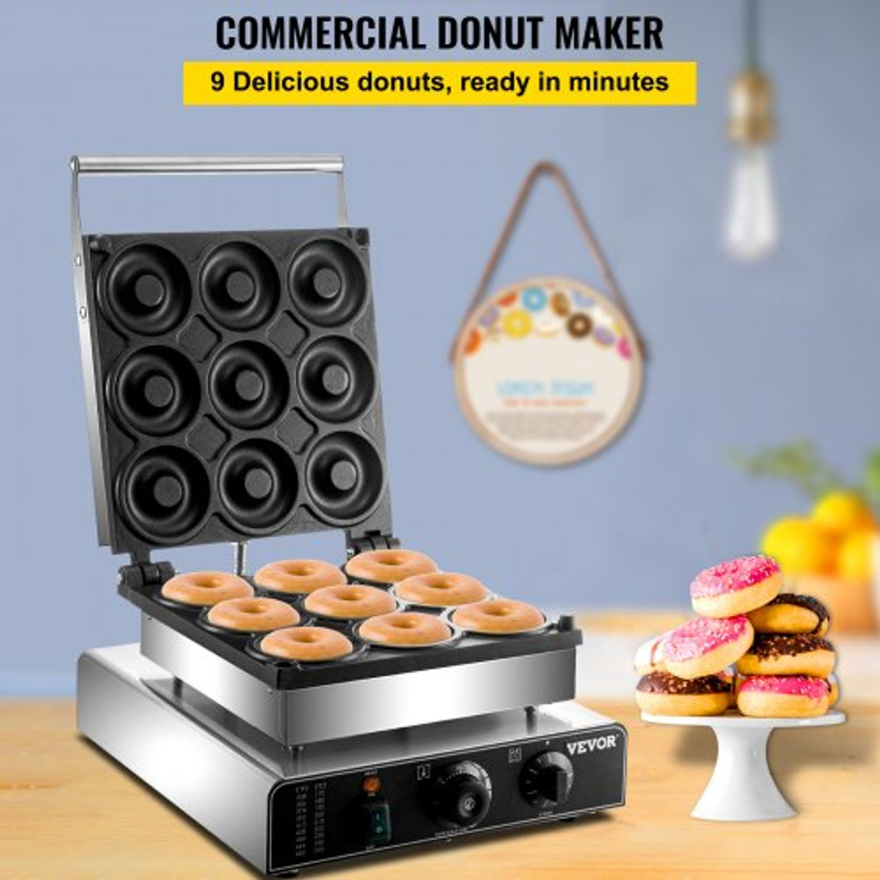 Electric Donut Maker, 9 Holes Commercial Donut Machine, 2000W Electric Doughnut Machine, Double-Sided Heating Commercial Donut Maker, for Home & Commercial Use with Non-stick Teflon Coating