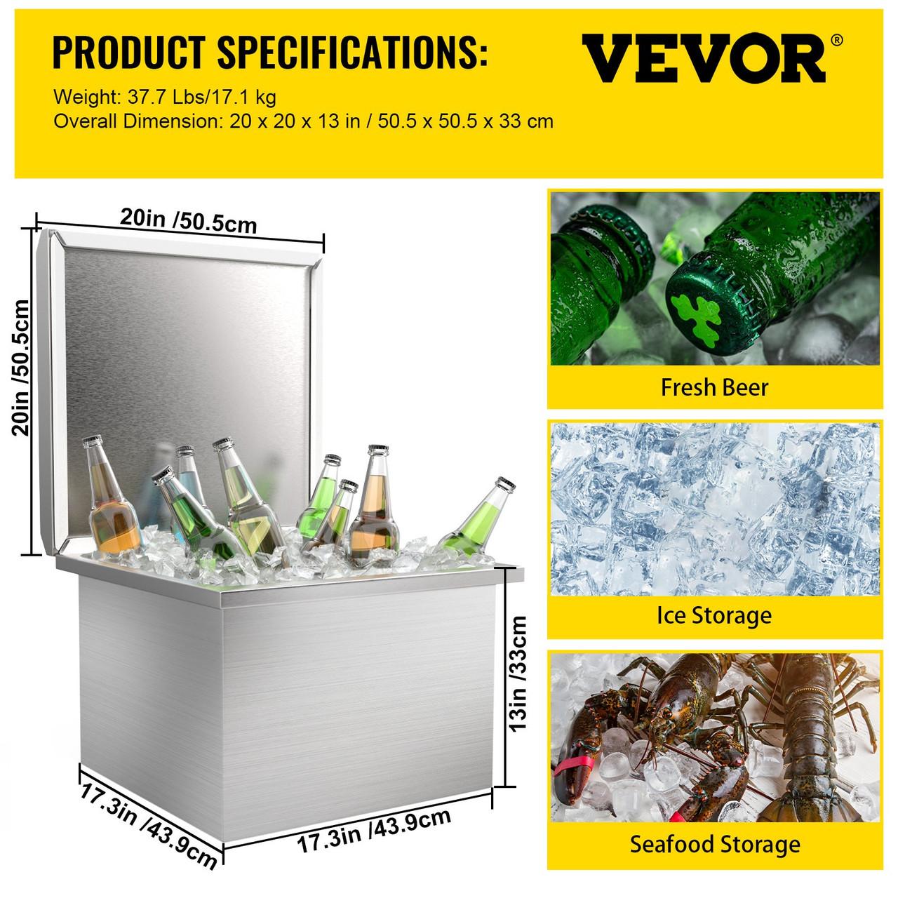Drop in Ice Chest 20''L x 20''W x 13''H Drop in Cooler Stainless Steel with Hinged Cover Bar Ice Bin 40.9 qt Drain-pipe and Drain Plug Included for