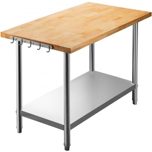 Maple Top Work Table, Stainless Steel Kitchen Prep Table Wood, 36 x 24 Inches Metal Kitchen Table with Lower Shelf and Feet Stainless Steel Table for Prep & Work Outdoor Prep Table for Kitchen