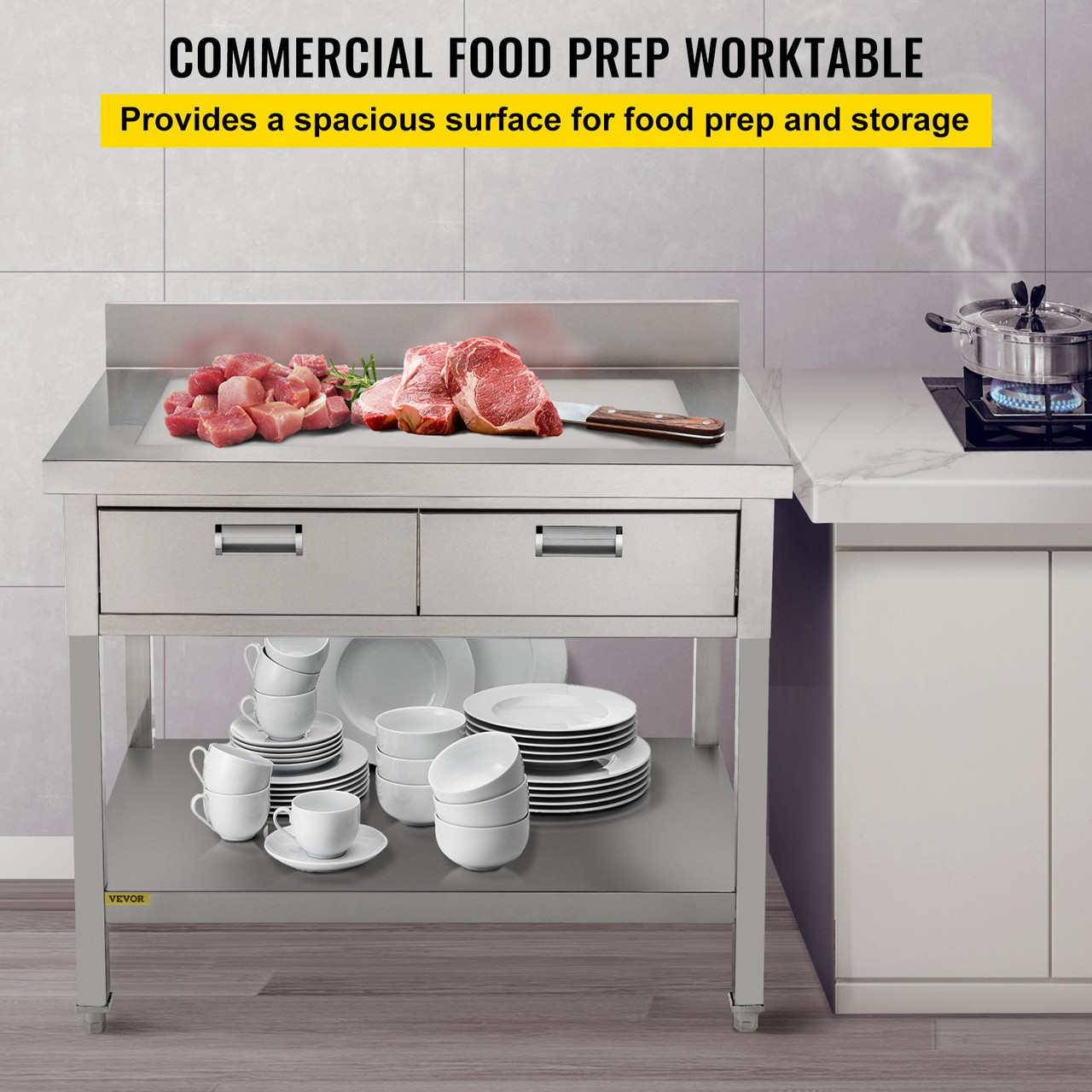 Stainless Steel Work Table 24 x 48 in Commercial Food Prep Worktable with 2 Drawers, Undershelf and Backsplash, 992 lbs Load Stainless Steel Kitchen