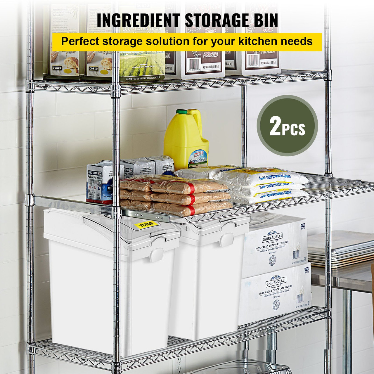 Ingredient Bin, 6.6 Gallons Capacity Ingredient Storage Bin, PP Material Flour Bins On Wheels, White Shelf Ingredient Bin with Scoop and Sliding Lid, Commercial Storage Bins, 2 Pcs/Set