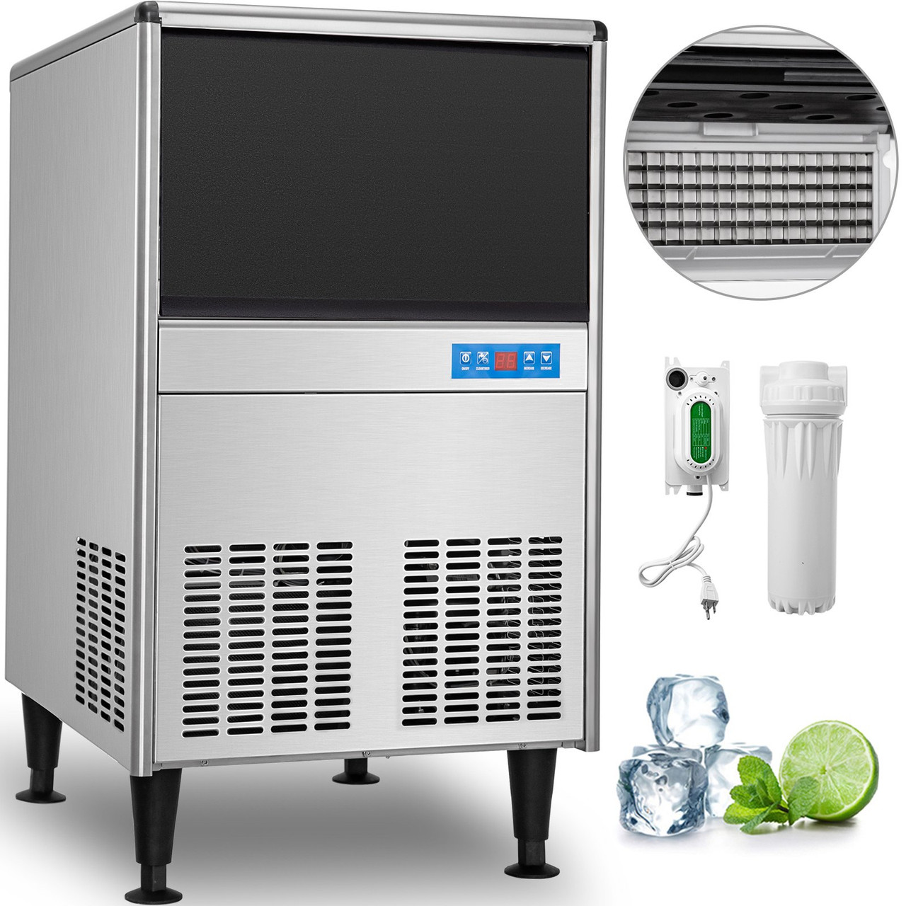 110V Commercial Ice Maker Machine, 170LBS/24H ETL Approved Stainless Steel Ice Machine with 66LBS Bin, Auto Clean, Clear Cube, Air-Cooled, Include Water Filter and Drain Pump