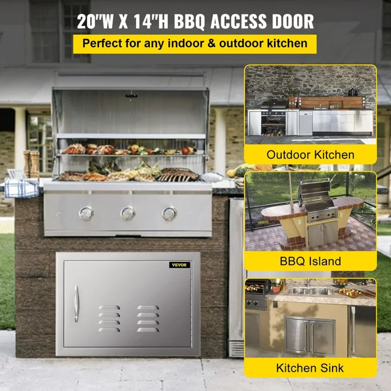 Outdoor Kitchen 14W x 20H Inch Wall Construction Stainless Steel Flush Mount for BBQ Island, 14inch x 20inch, Single Door with Vents