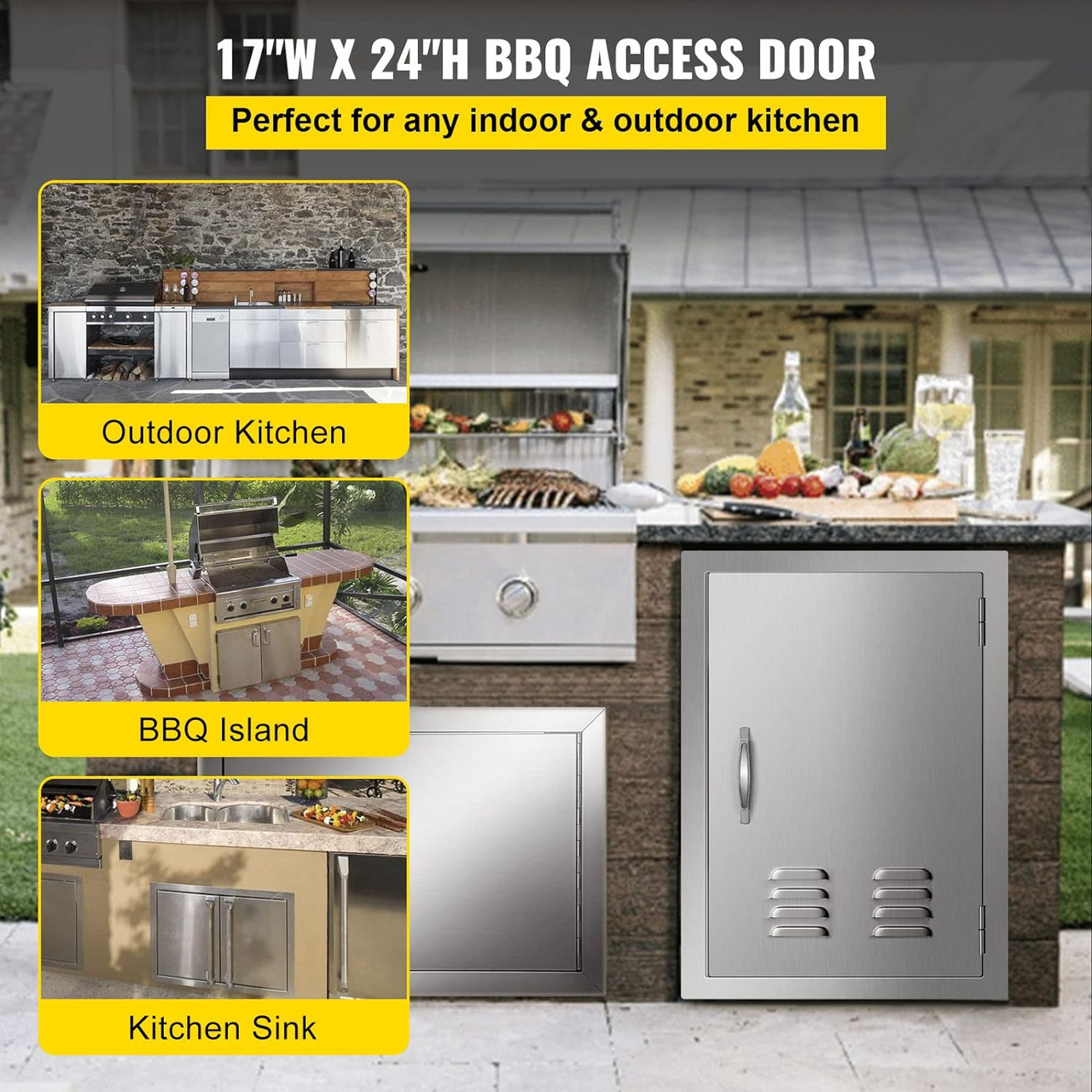 BBQ Access Door 17 x 24 Inch Vertical Island Door with Vents Stainless Steel Single Access Door Flush Mount Outdoor Kitchen