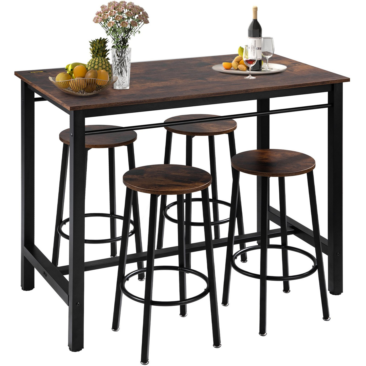 Bar Table and Chairs Set 43" Pub Table Set with 4 Bar Stools Kitchen Dining Table and Chairs Set for 4 Iron Frame Counter Height Dining Sets for Home, Kitchen, Living Room