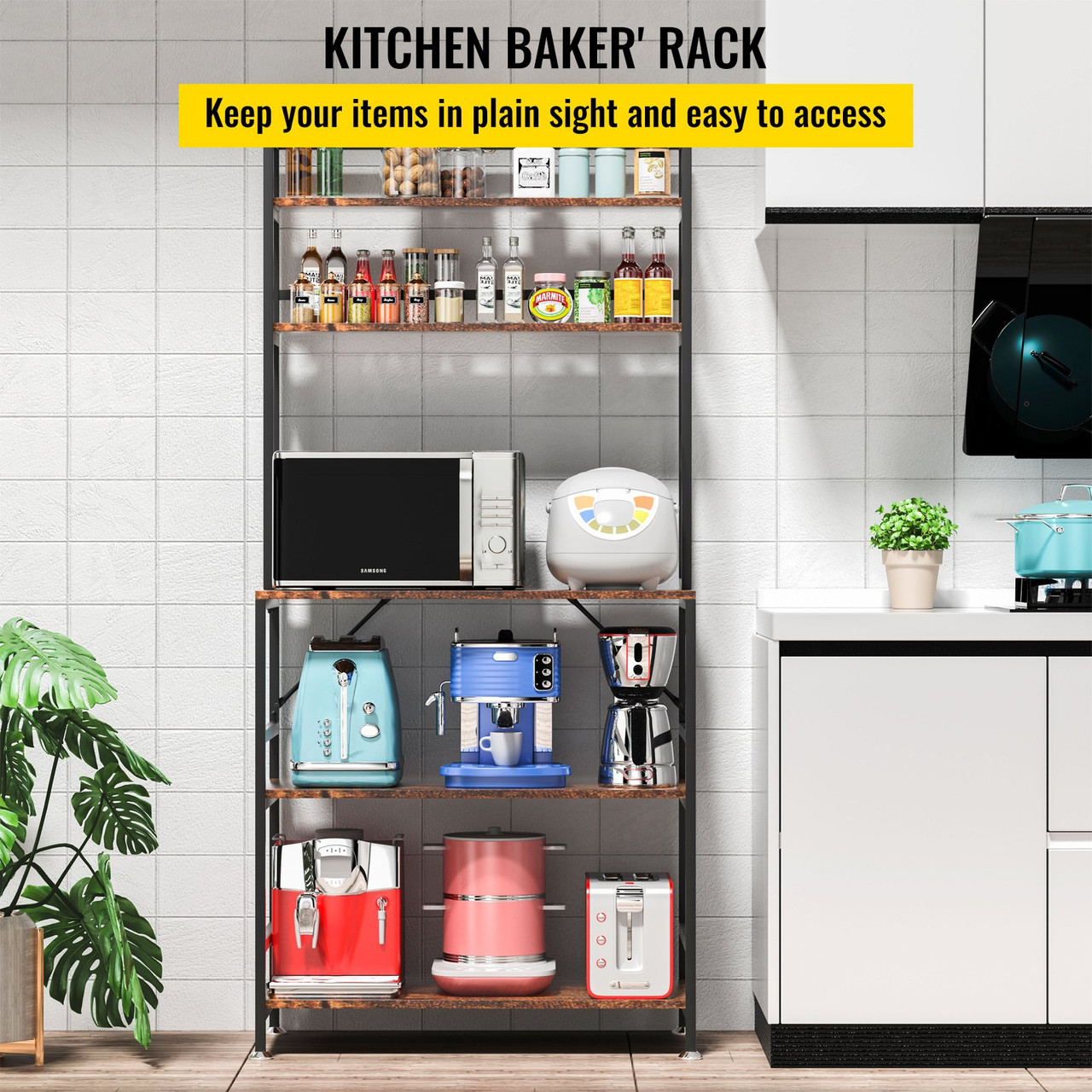 Kitchen Baker's Rack, 5-Tier Microwave Stand with 6 Hooks Utility Storage Shelf, Industrial Bakers Racks for Kitchens with Storage, Standing Kitchen