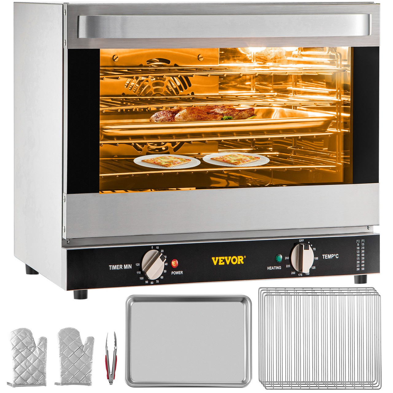 Commercial Convection Oven, 66L/60Qt, Half-Size Conventional Oven Countertop, 1800W 4-Tier Toaster w/ Front Glass Door, Electric Baking Oven w/ Trays