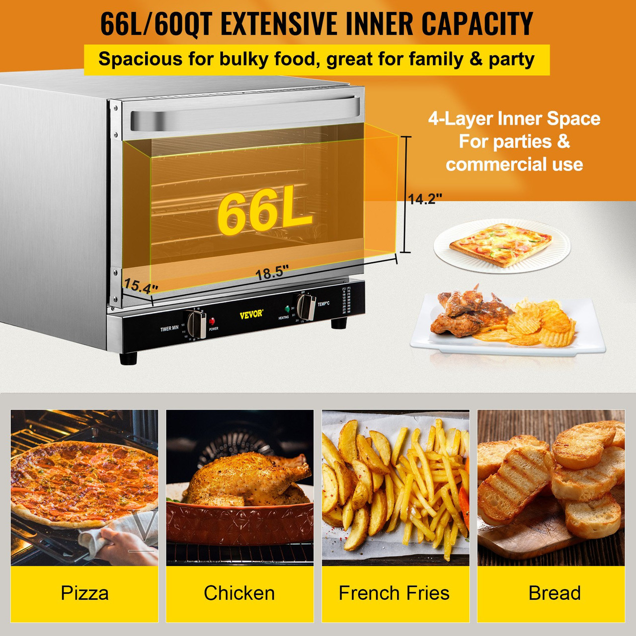 Commercial Convection Oven, 66L/60Qt, Half-Size Conventional Oven Countertop, 1800W 4-Tier Toaster w/ Front Glass Door, Electric Baking Oven w/ Trays