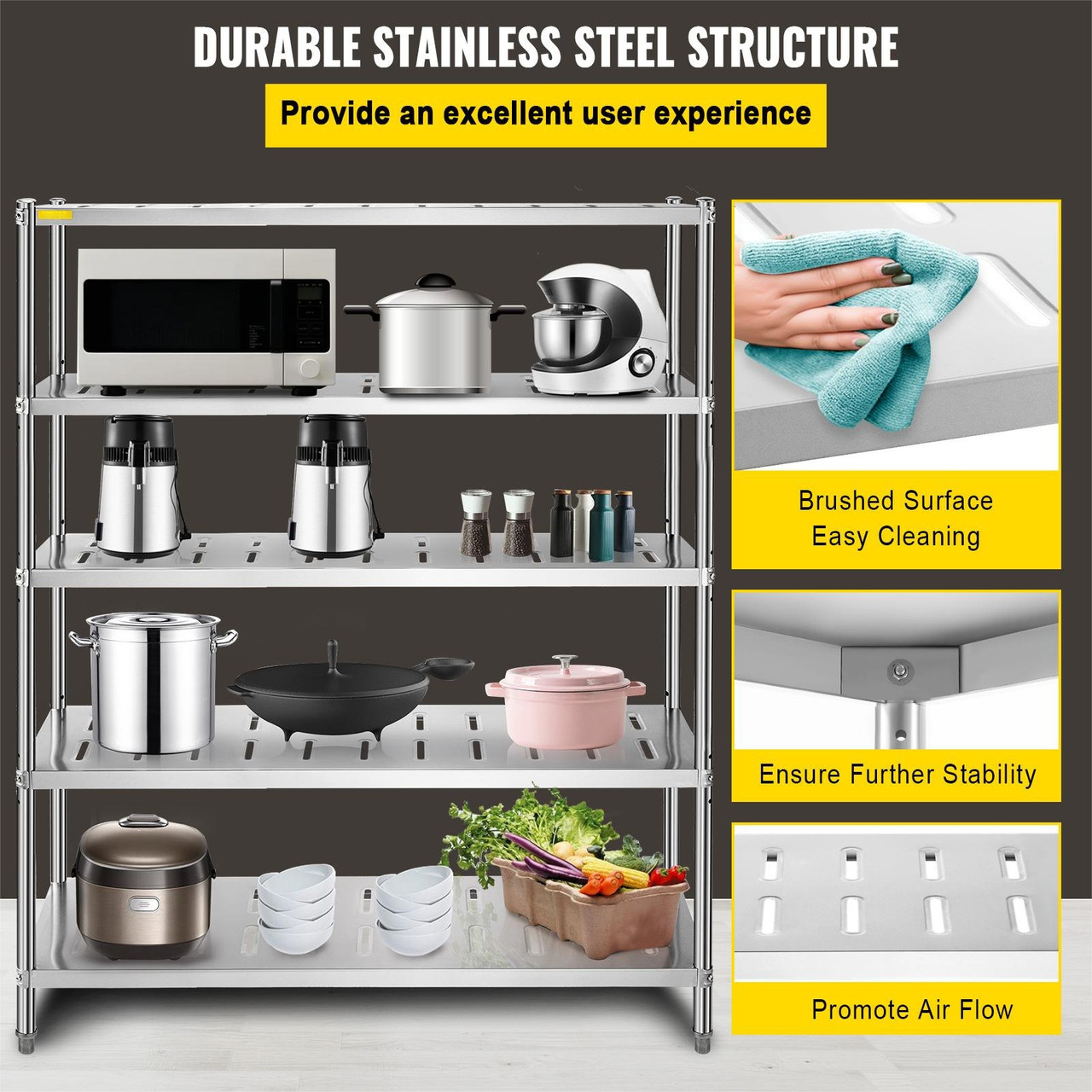 Storage Shelf, 5-Tier Storage Shelving Unit, Stainless Steel Garage Shelf, 59.1 x 17.7 x 70.9 inch Heavy Duty Storage Shelving, 661 Lbs Total