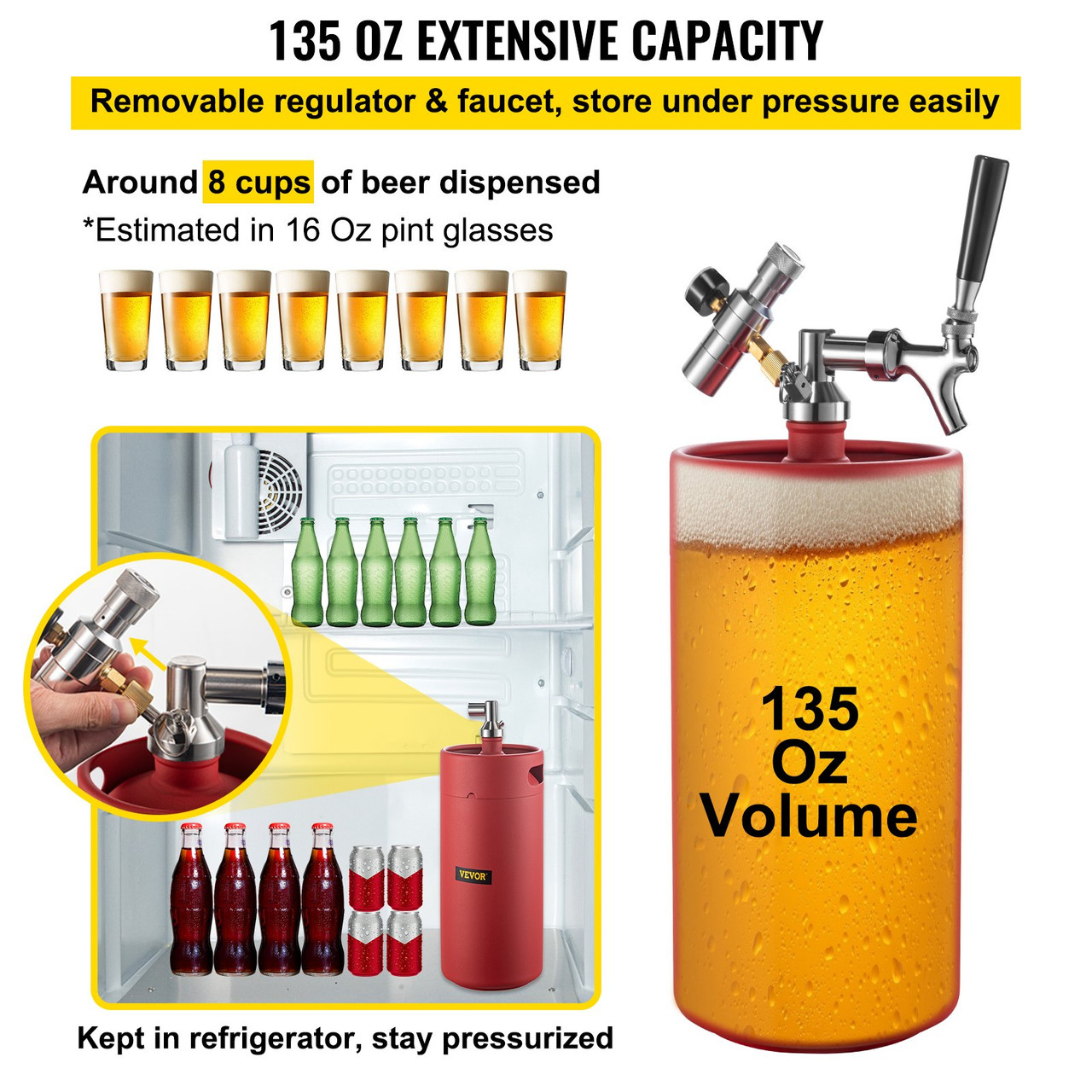 Beer Growler Tap System, 122Oz Mini Keg, 3.6L Pressurized Beer Growler, 304 Stainless-Steel Mini Keg Growler, with Dual Pressure Display CO2 Regulator Faucet 11.2" Beer Hose Relief Ring, Red