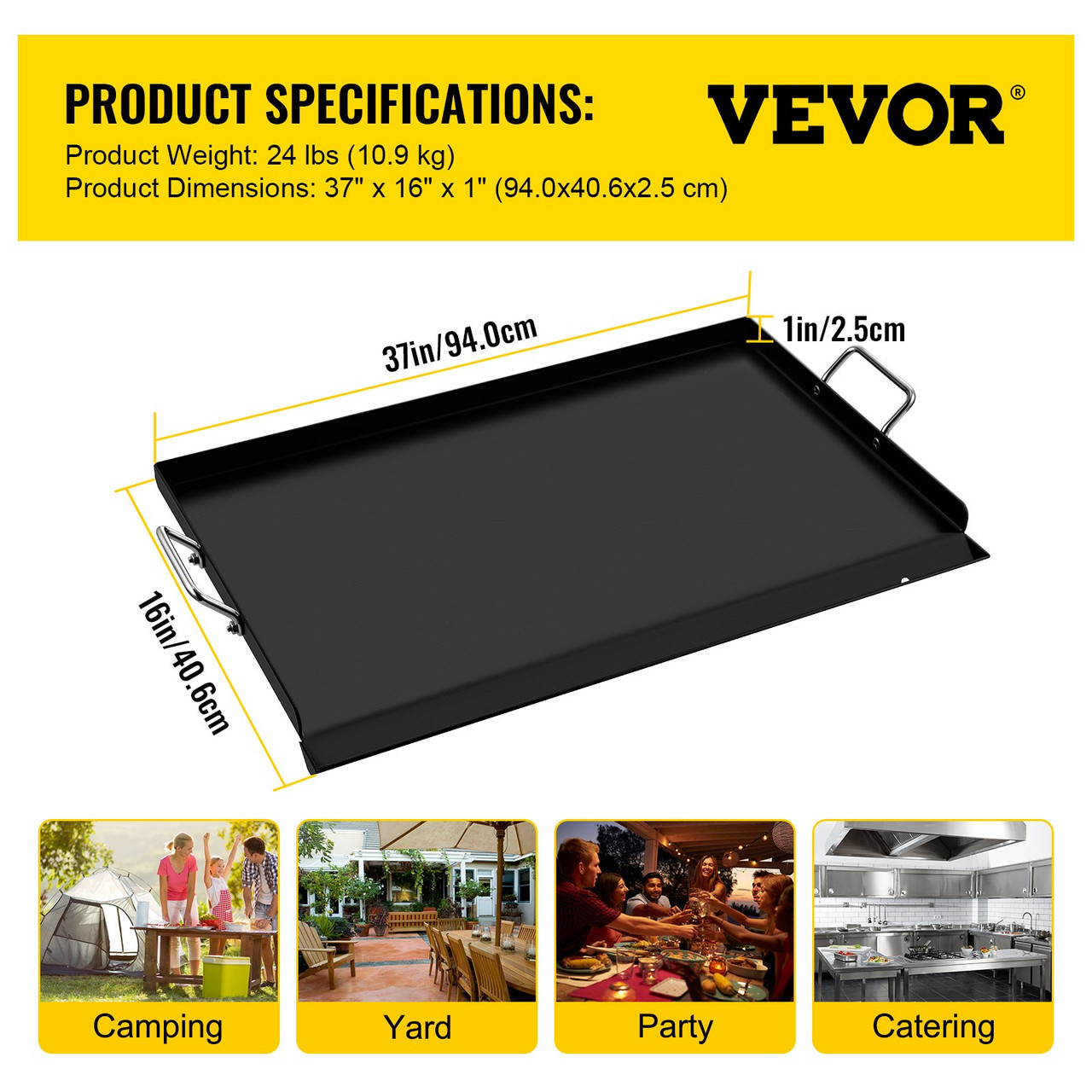 Carbon Steel Griddle, 16" x 37" Griddle Flat Top Plate, Griddle for BBQ Charcoal/Gas Gril with 2 Handles, Rectangular Flat Top Grill with Extra Drain Hole for Tailgating and Parties