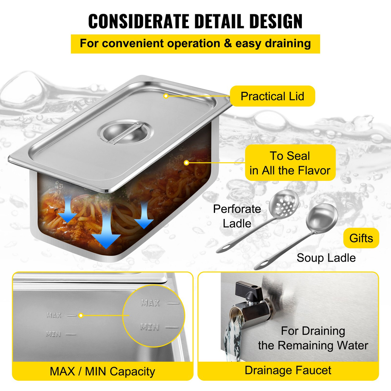 110V Commercial Food Warmer 2x1/3GN and 2x1/6GN, 4-Pan Stainless Steel Bain Marie 14.8 Qt Capacity, 1500W Steam Table 15cm/6inch Deep,Temp. Control 86-185, Electric Soup Warmer w/Lids & 2 Ladles