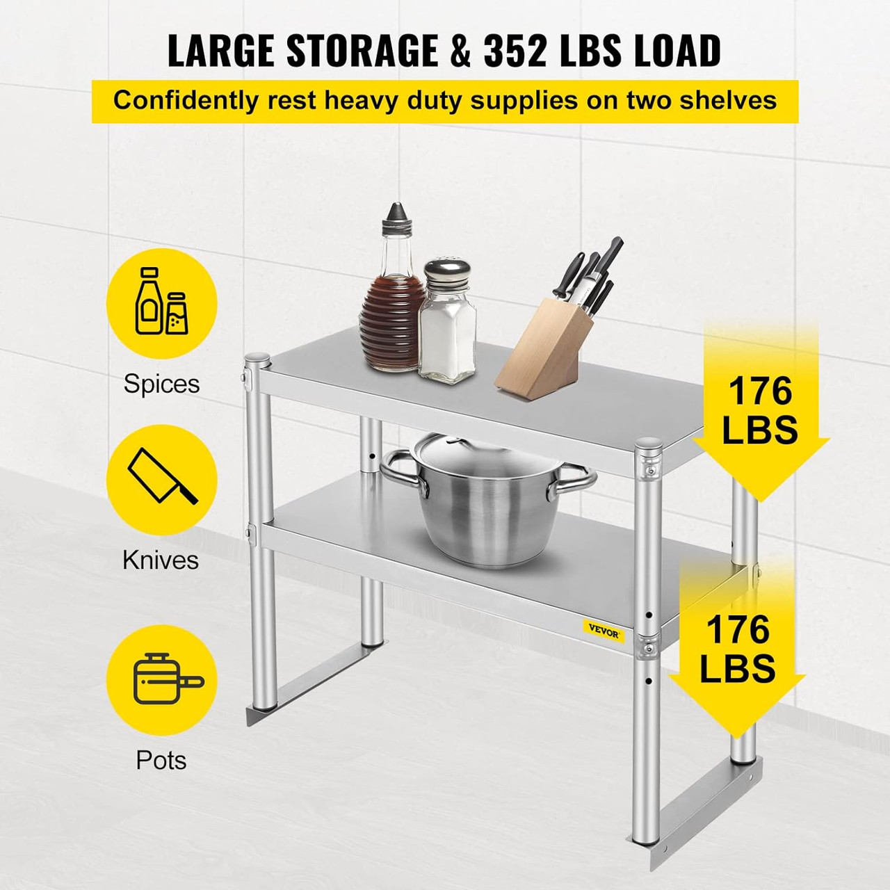 Double Overshelf, Double Tier Stainless Steel Overshelf, 30 in. L x 12 in. W Double Deck Overshelf, Height Adjustable Overshelf for Prep & Work Table