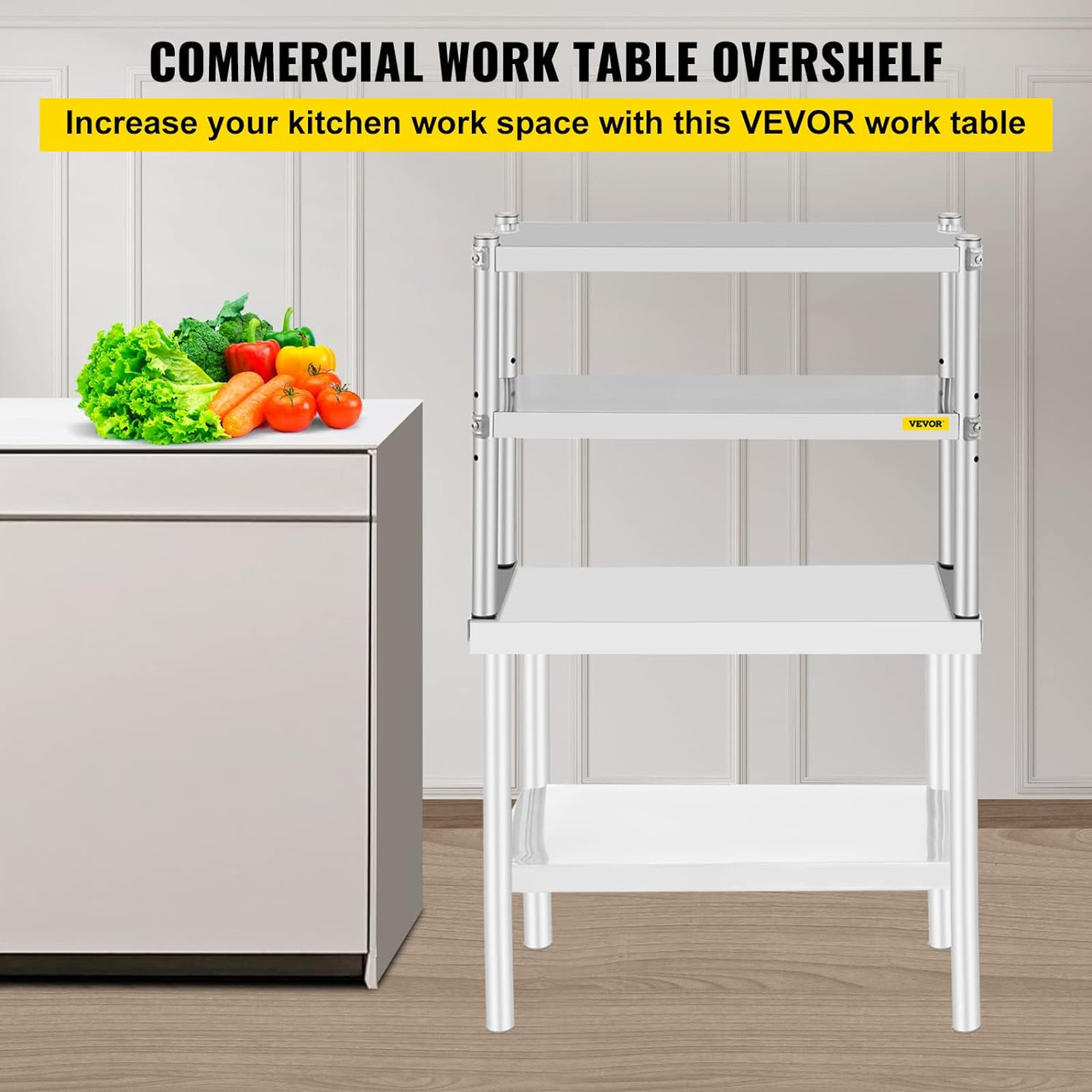 Double Overshelf, Double Tier Stainless Steel Overshelf, 30 in. L x 12 in. W Double Deck Overshelf, Height Adjustable Overshelf for Prep & Work Table