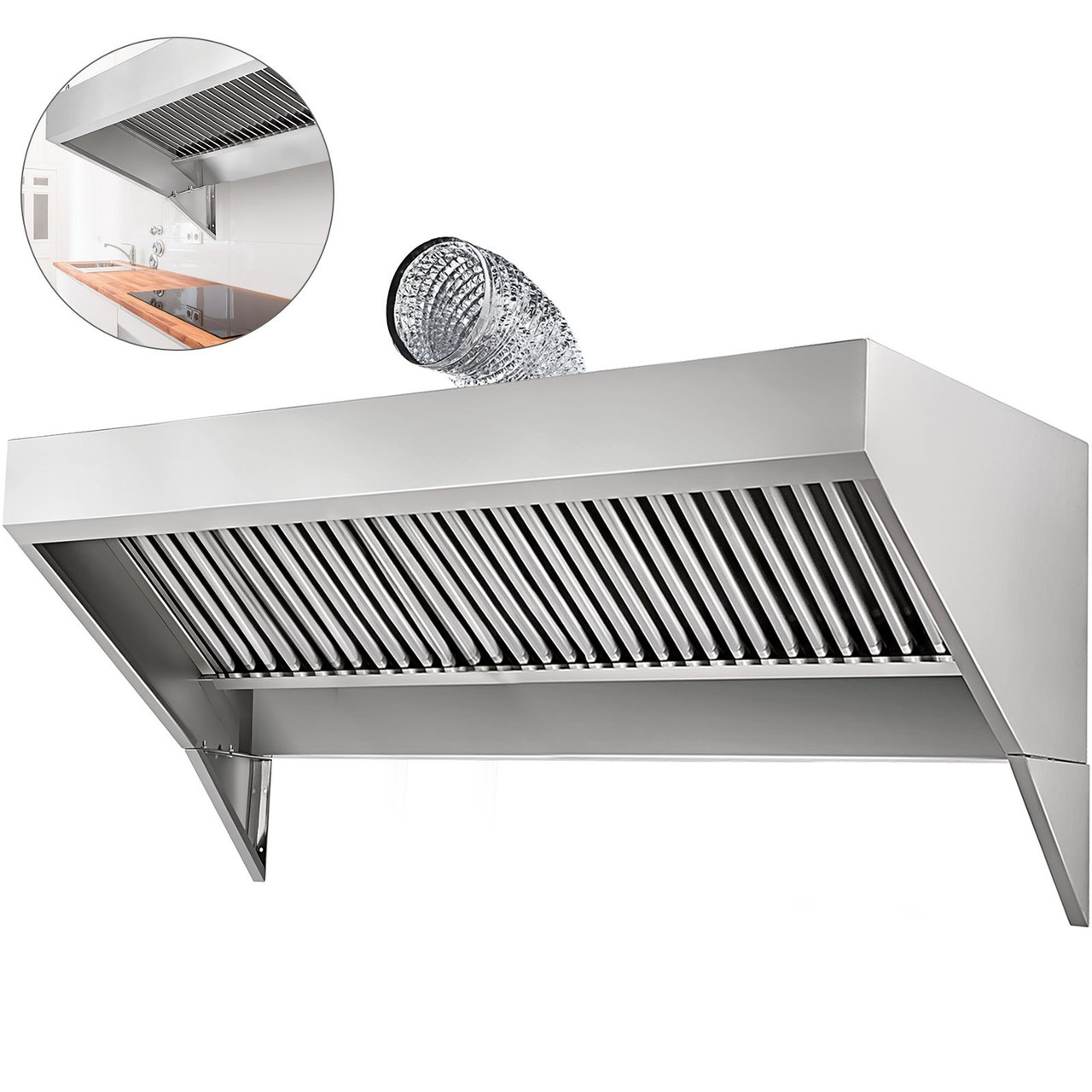 Concession Hood Exhaust, 7FT Long Food Truck Hood Exhaust, 7-Foot X 30-Inch Stainless Steel Concession Hood Vent Sliver Food Truck Vent, Includes Baffle Hood Filter, Grease Groove, Fume Pipe