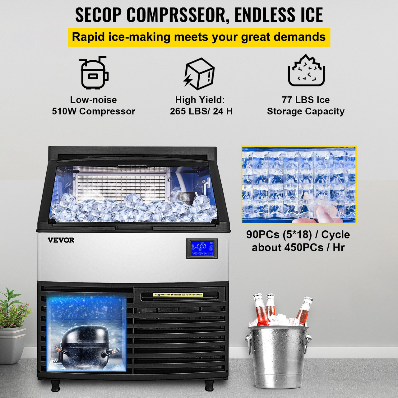 Commercial Ice Maker Machine, ETL Approved 400LBS/24H LCD Panel