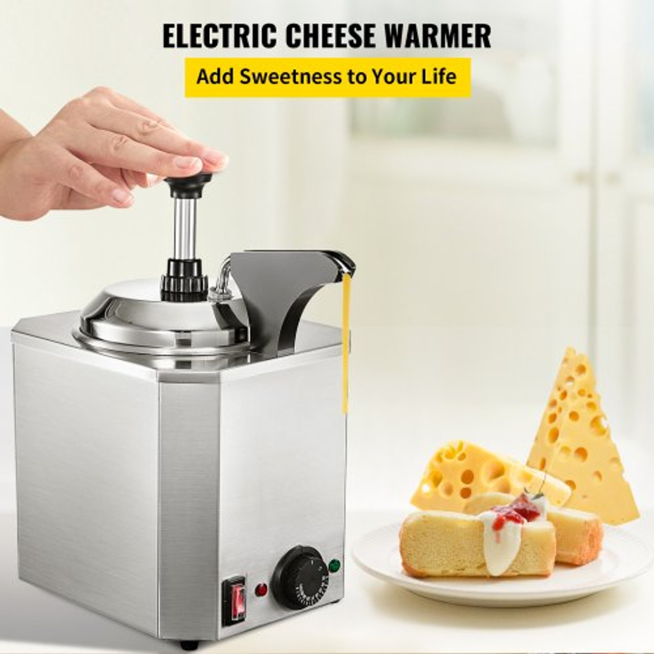 Cheese Dispenser with Pump, 2.6 Qt Capacity Cheese Warmer, Stainless Steel Hot Fudge Warmer with Pump 650W Cheese Dispenser, 30-110? Temp Adjustable, for Hot Fudge Cheese Caramel