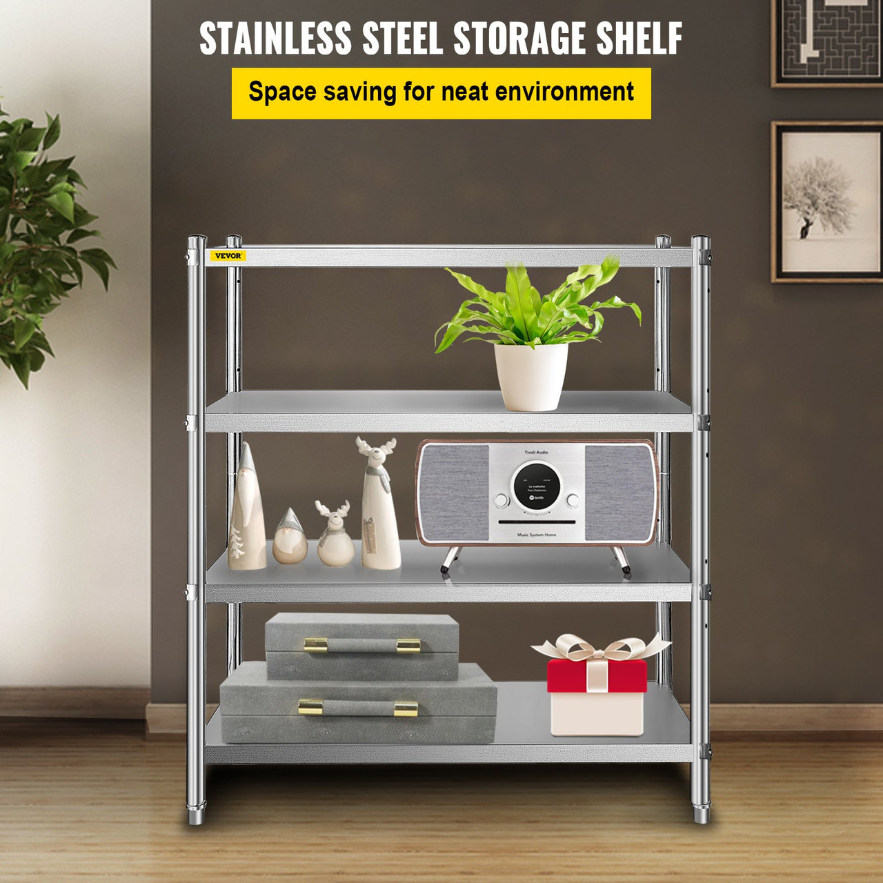 Stainless Steel Shelving 46.8x18.5 Inch 4 Tier Adjustable Shelf Storage Unit Stainless Steel Heavy Duty Shelving for Kitchen Commercial Office Garage