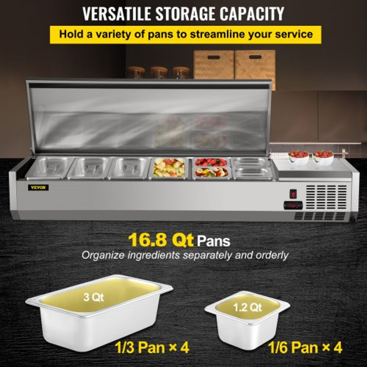 Refrigerated Condiment Prep Station, 60-Inch, 16.8Qt Sandwich/Salad Prep Table with 4 1/3 Pans & 4 1/6 Pans, 150W Salad Bar with 304 Stainless Body and Cover Temp Adjuster One-Click Defrosting