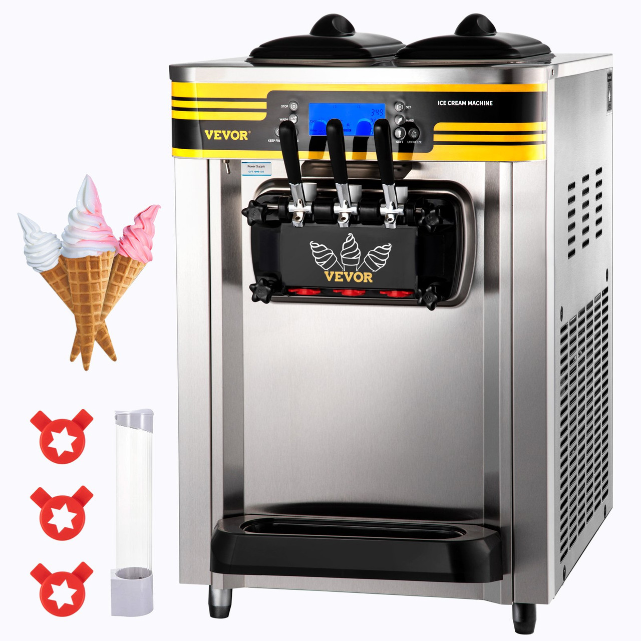 VEVOR Commercial Ice Cream Maker 22-30L/H Yield 2350W Countertop Soft Serve Machine w/ 2x6L Hopper 2L Cylinder LCD Panel Puffing Shortage Alarm