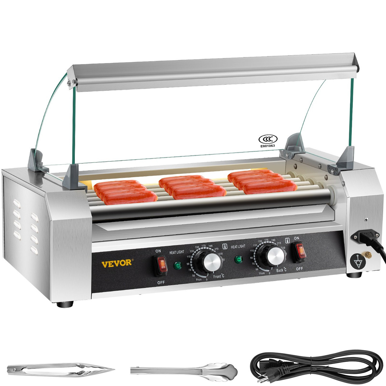Hot Dog Roller, 12 Hot Dog Capacity 5 Rollers, 750W Stainless Steel Cook Warmer Machine with Cover & Dual Temp Control, LED Light & Detachable Drip Tray, Sausage Grill Cooker for Kitchen Canteen