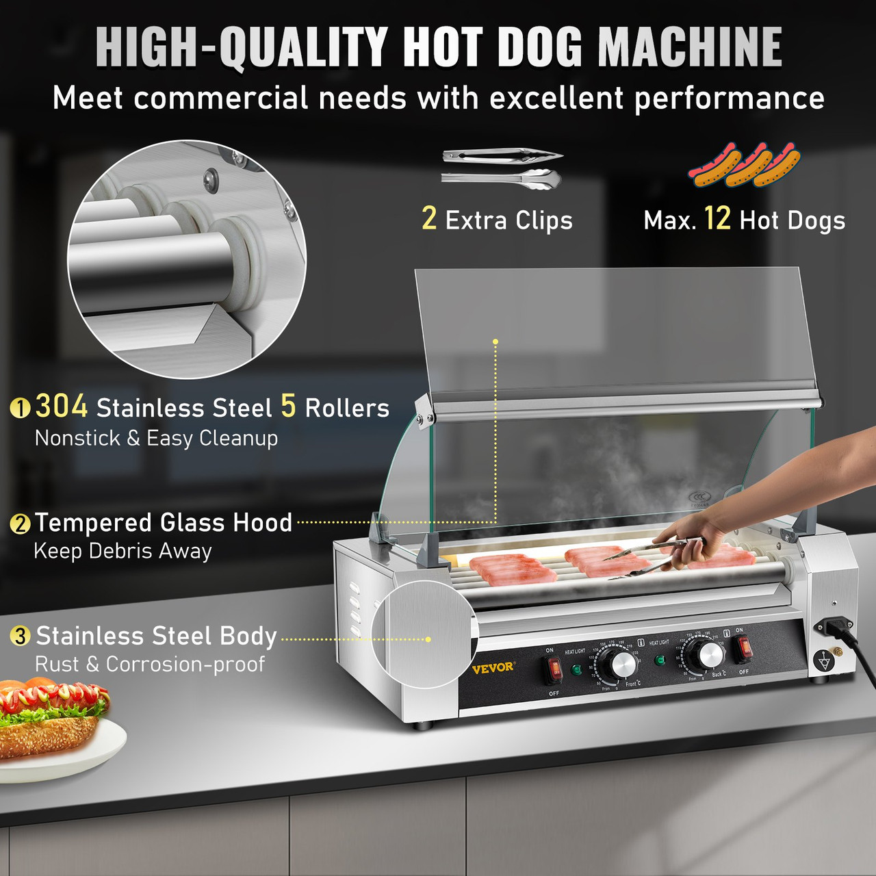 Hot Dog Roller, 12 Hot Dog Capacity 5 Rollers, 750W Stainless Steel Cook Warmer Machine with Cover & Dual Temp Control, LED Light & Detachable Drip Tray, Sausage Grill Cooker for Kitchen Canteen