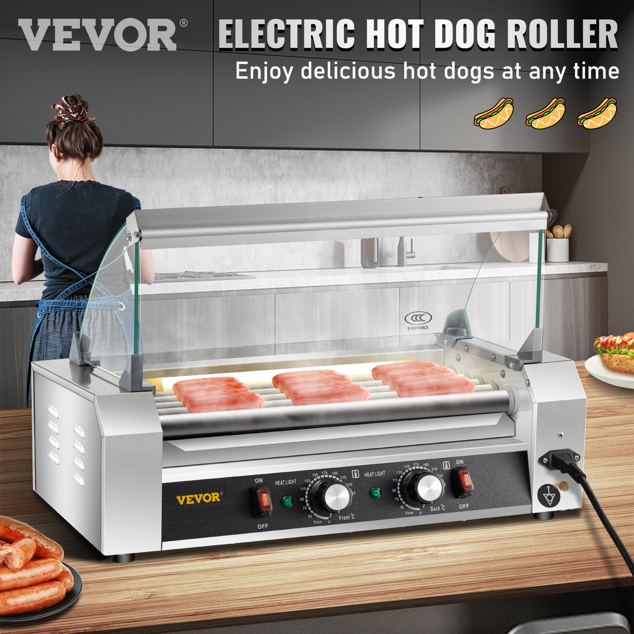 Hot Dog Roller, 12 Hot Dog Capacity 5 Rollers, 750W Stainless Steel Cook Warmer Machine with Cover & Dual Temp Control, LED Light & Detachable Drip Tray, Sausage Grill Cooker for Kitchen Canteen