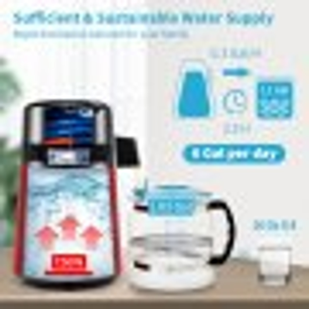 1.1Gal Water Distiller, 0.3Gal/H, 750W Distilled Water Maker Machine 0-99H Timing Dual Temp Display, 304 Stainless Steel Countertop Distiller Glass Carafe Cleaning Powder 3 Carbon Packs, Red