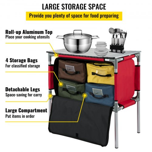 Camping Kitchen Table, Aluminum Portable Folding Station with 4 Storage, 4 Detachable Legs and Carry Bag, Quick Installation for Outdoor Picnic Beach Party Cooking, Red