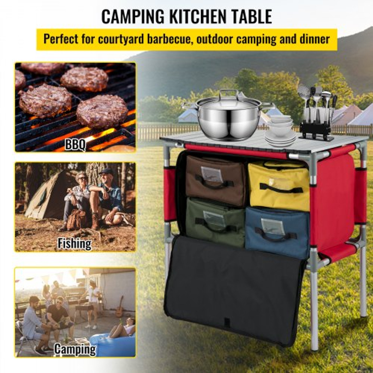 Camping Kitchen Table, Aluminum Portable Folding Station with 4 Storage, 4 Detachable Legs and Carry Bag, Quick Installation for Outdoor Picnic Beach Party Cooking, Red