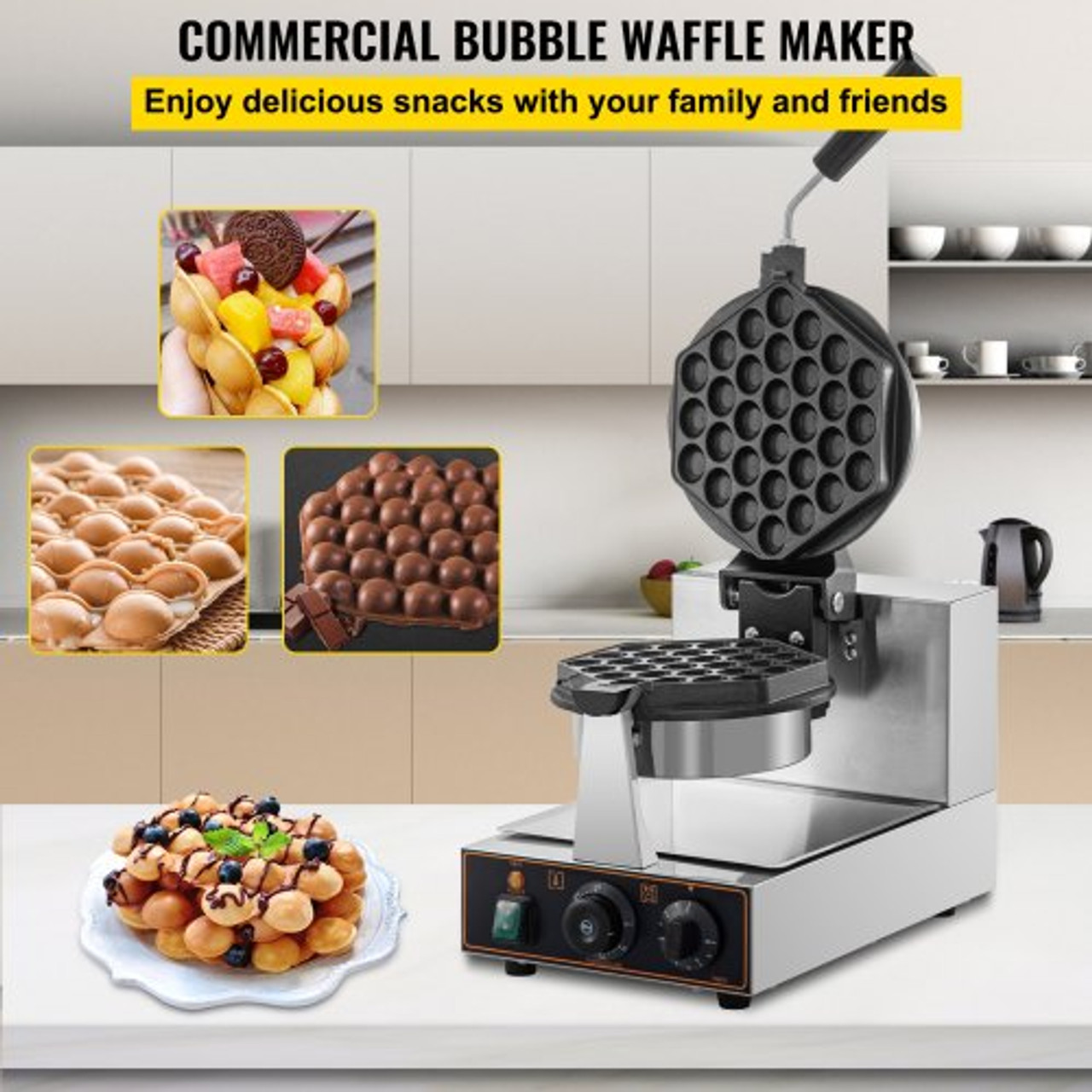 Commercial Bubble Waffle Maker, Hexagonal Mould, 1200W Egg Bubble Puff Iron w/ 360øRotatable 2 Pans & Bent Handles, Stainless Steel Baker w/ Non-Stick Teflon Coating, 50-300?/122-572? Adjustable