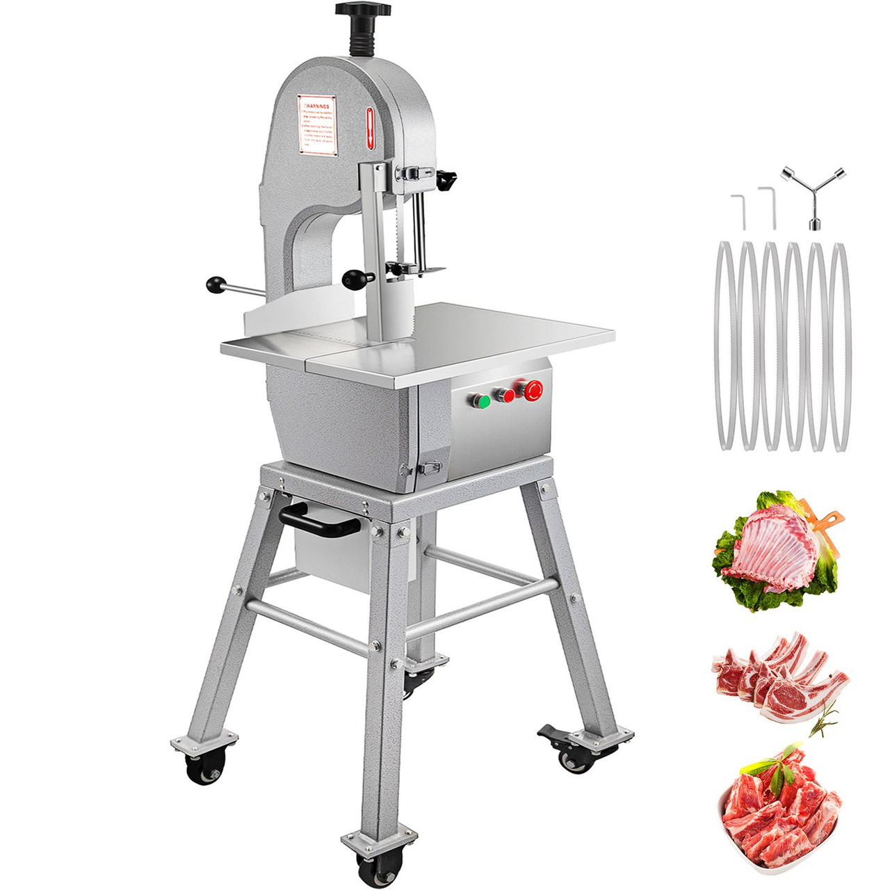 110V Bone Saw Machine 850W Frozen Meat Cutter 1.16HP Butcher Bandsaw Thickness Range 4-180mm Max Cutting Height 220mm Work Table 18.3x14.4inch Sawing Speed 19m/s with 6 Saw Blades & Mobile Base
