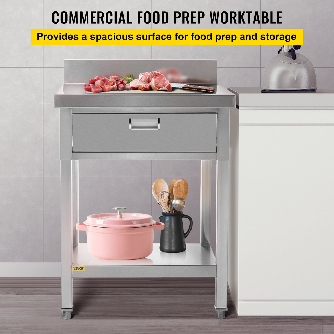 Commercial Food Prep Worktable 24x30 in Stainless Steel Table with Drawer Kitchen Utility Table with Undershelf and Backsplash Kitchen Island 440 Lbs