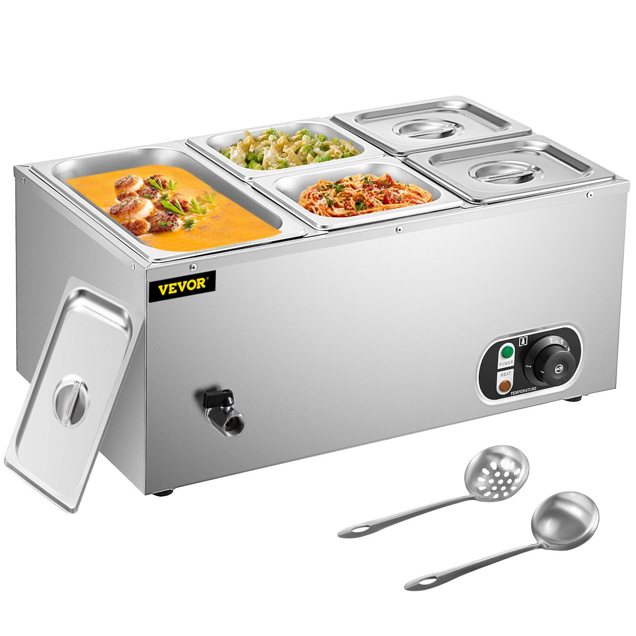 110V Commercial Food Warmer 1x1/3GN and 4x1/6GN, 5-Pan Stainless Steel Bain Marie 13.7 Quart Capacity,1500W Steam Table 15cm/6inch Deep, Electric Food Warmer with Lid for Catering Restaurants