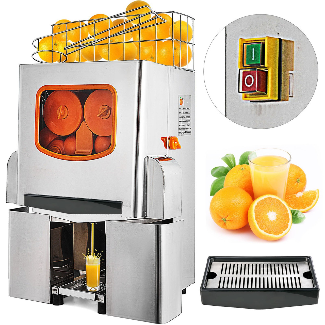 Commercial Juicer Machine, 110V Juice Extractor, 120W Orange Squeezer for 22-30 per Minute, Electric Orange Juice Machine with Pull-Out Filter Box SUS 304 Tank Stainless Cover and Two Buckets