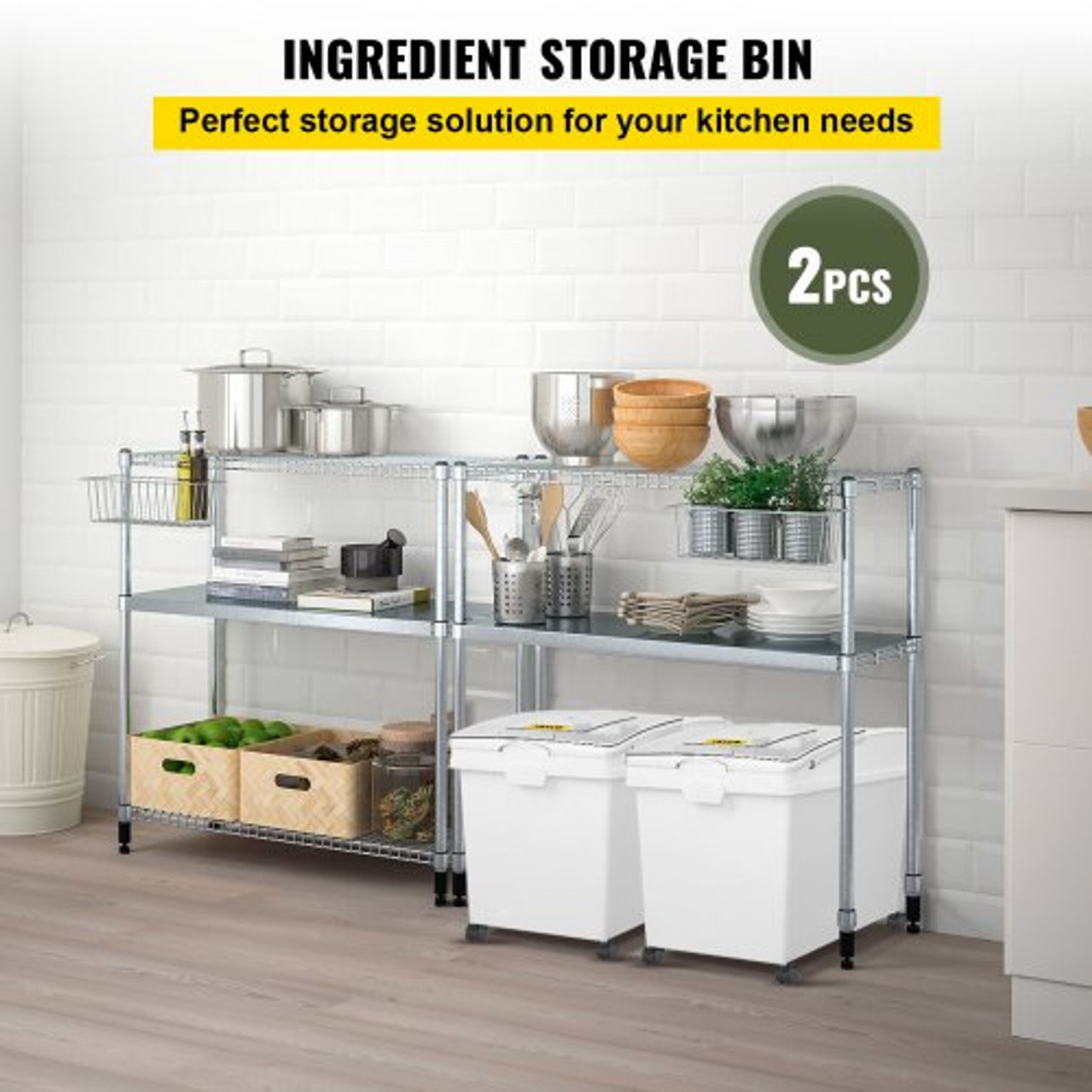 10.5 Gallons Ingredient Bin, Ingredient Storage Bin 2 Pcs/Set, PP Material Flour Bins On Wheels, White Shelf Ingredient Bin with Scoop and Sliding Lid, Commercial Storage Bins