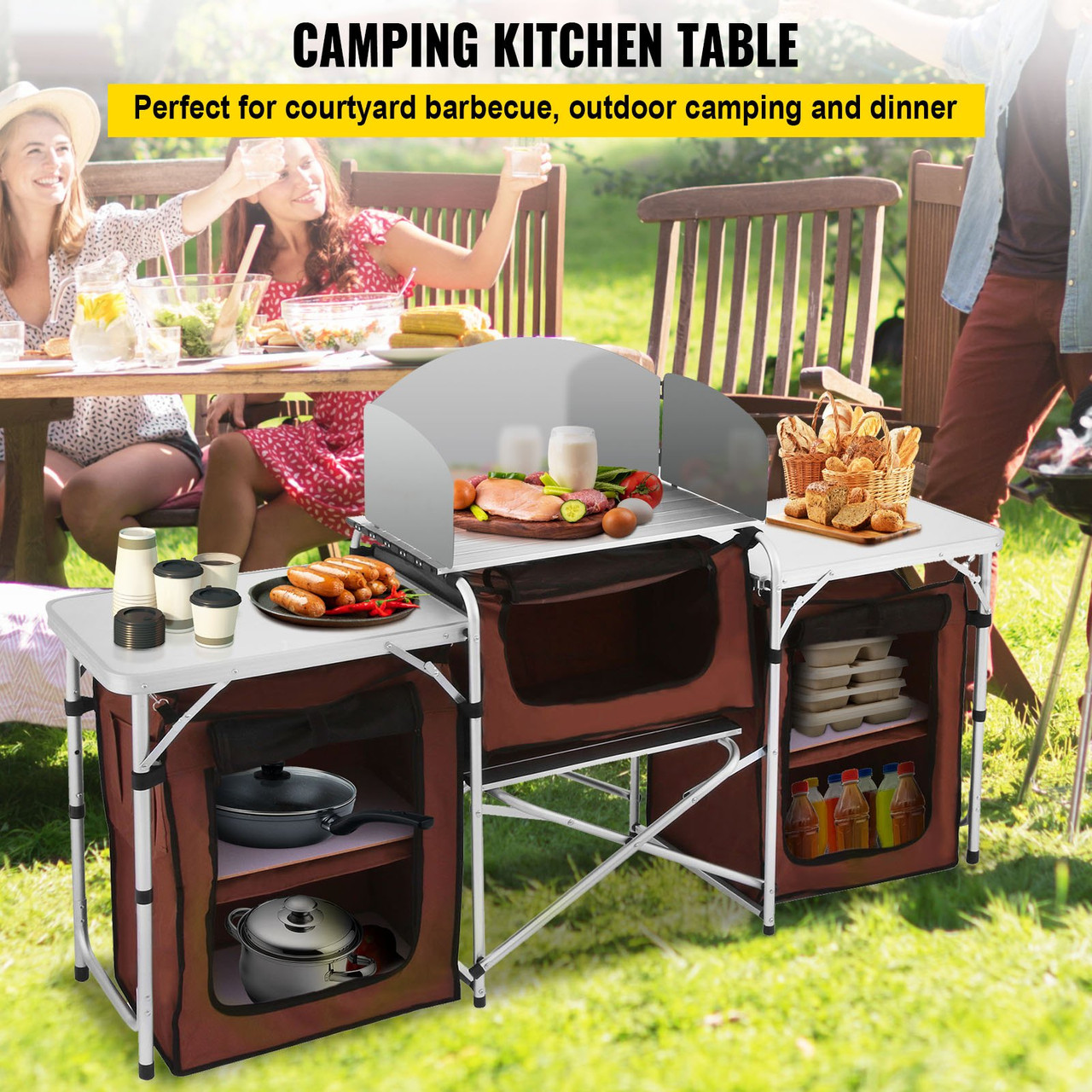 Camping Kitchen Table, 3 Storage Organizer, Aluminum Windscreen Outdoor Folding Grill Station with 2 Side Tables, Camping Supplies and Accessories