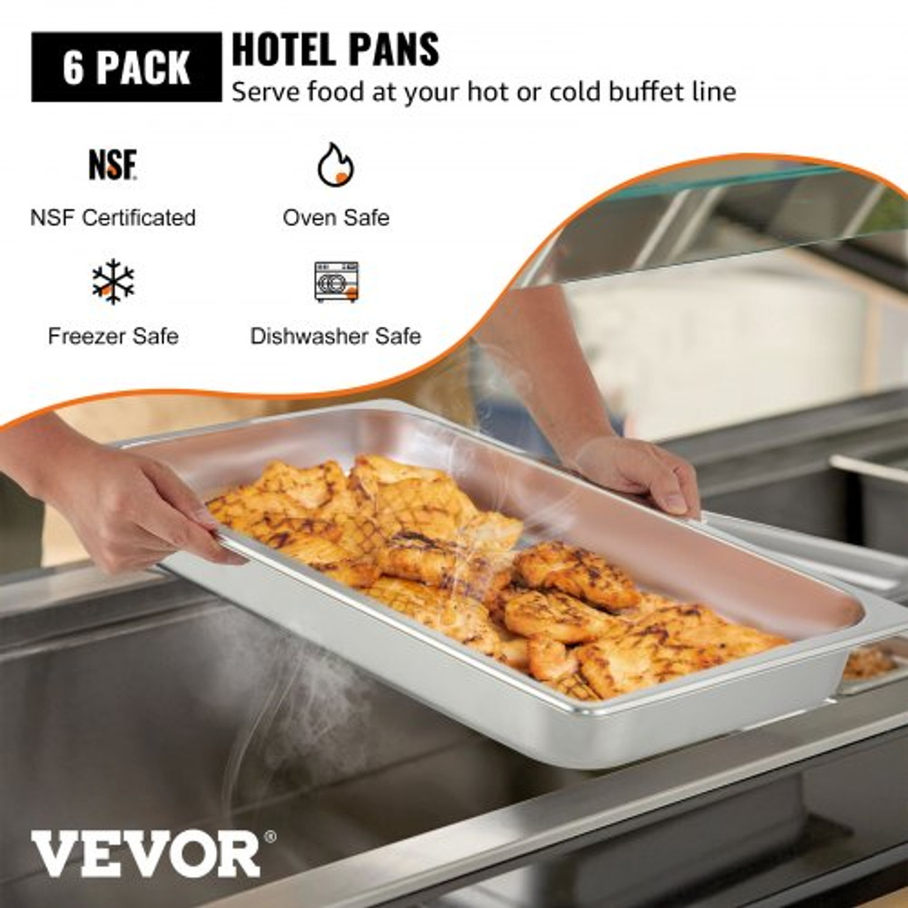 Hotel Pans Full Size 2.5 Inch Deep, Steam Table Pan 6 Pack , 22 Gauge/0.8mm Thick Stainless Steel Hotel Pan Anti Jam Steam Table Pan