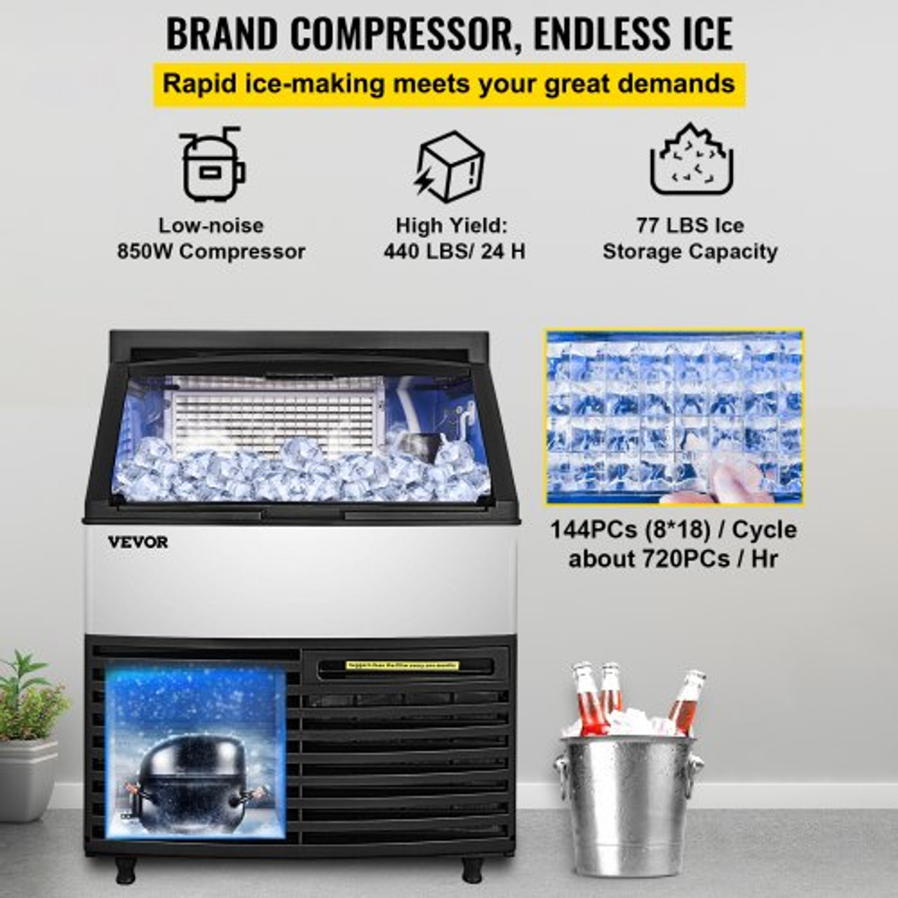 VEVOR 110V Commercial Ice Maker 120LBS/24H with 22LBs Storage Ice Maker  Machine Stainless Steel Portable Automatic Ice Machine with Scoop and  Connection Hoses Perfect for Restaurants Bars Cafe