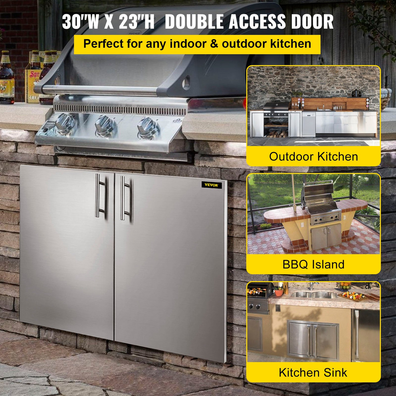 Outdoor Kitchen Access 30"x 23" Wall Construction Stainless Steel Flush Mount for BBQ Island, 30inch x23inch, Double Door with Built-in Basket