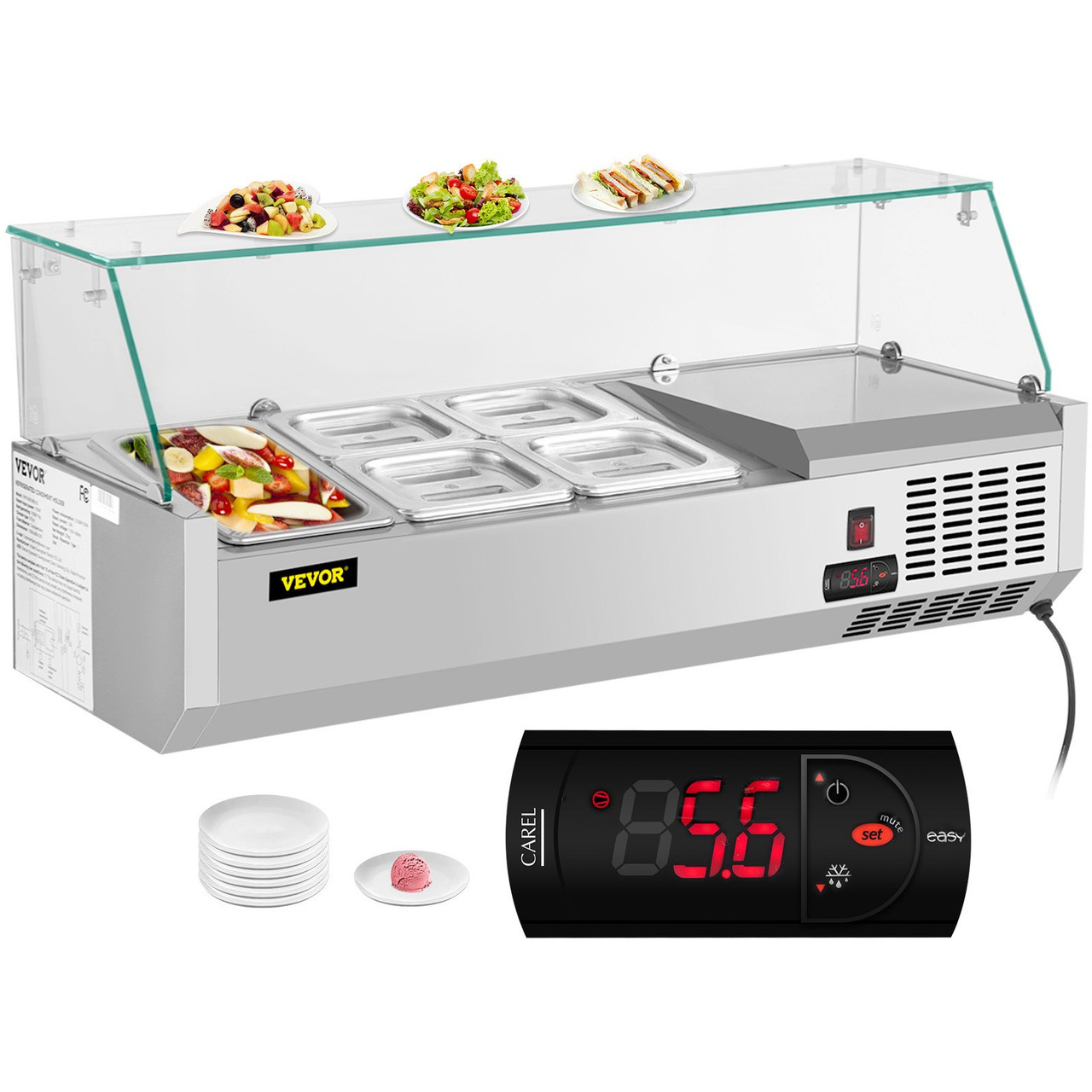 Refrigerated Condiment Prep Station, 40-Inch, 7.8Qt Sandwich Prep Table w/ 1 1/3 Pan & 4 1/6 Pans, 150W Salad Bar w/ 304 Stainless Body Tempered Glass Shield Digital Temp Display Auto Defrost