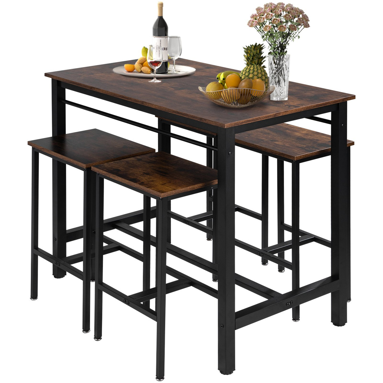 Bar Table and Chairs Set 47" Pub Table Set with 4 Bar Stools Kitchen Dining Table and Chairs Set for 4 Iron Frame Counter Height Dining Sets for Home, Kitchen, Living Room